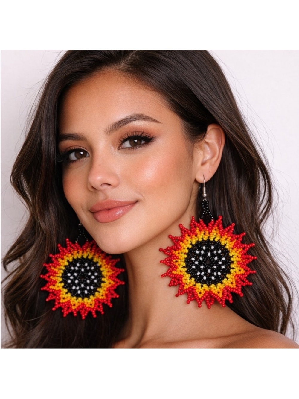 🌻Handbeaded Sunflower Earrings in Red, Yellow&Black Multicolor